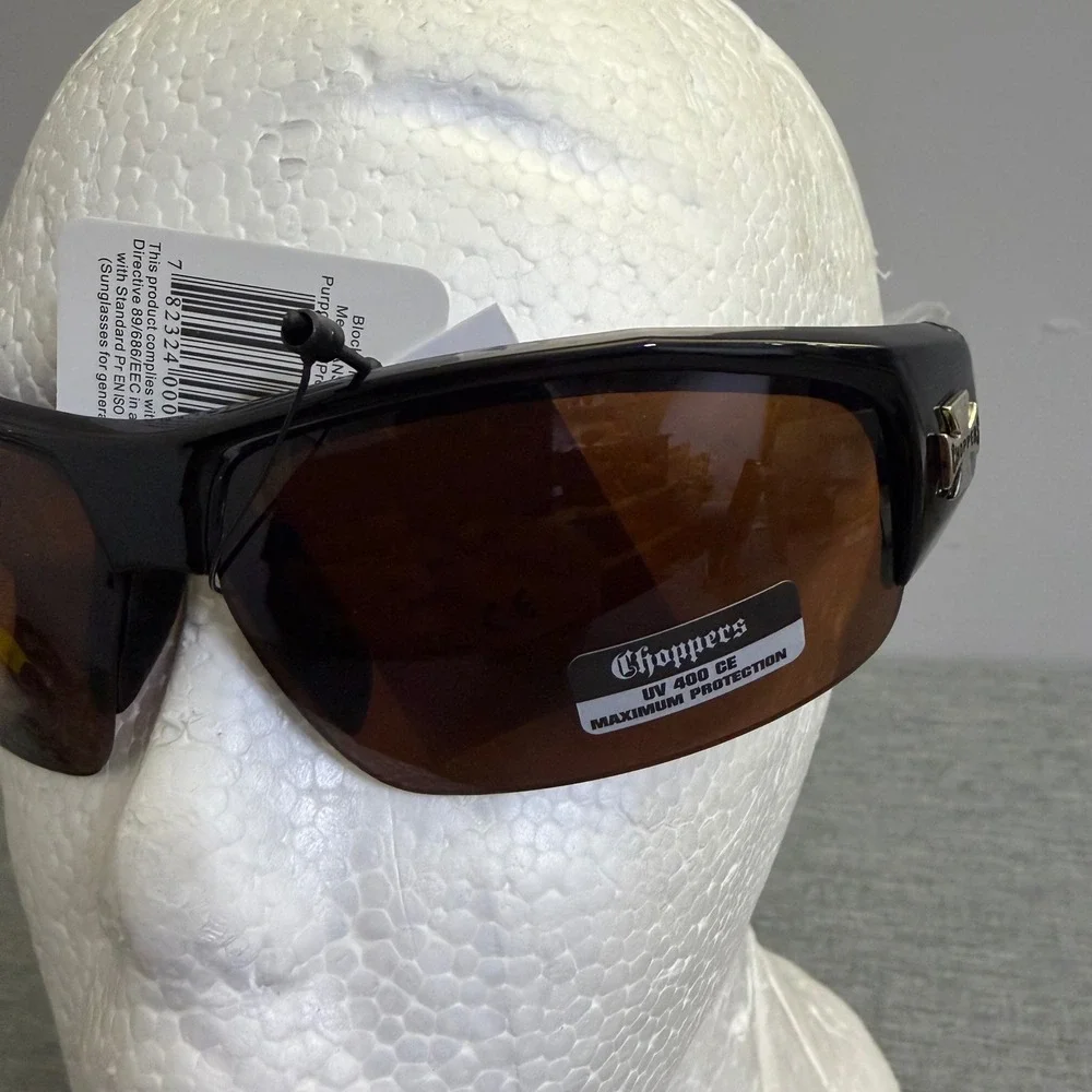Choppers Sunglasses Men OS Black Gloss Amber Lens Biker Wrap Iron Cross UV400
